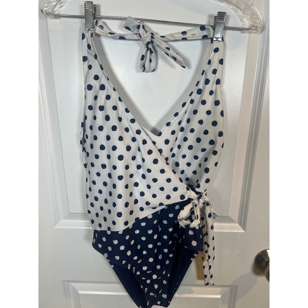 Freshwater Womens OnePiece Swimsuit Polka Dot Halter Faux Wrap Navy White Size M